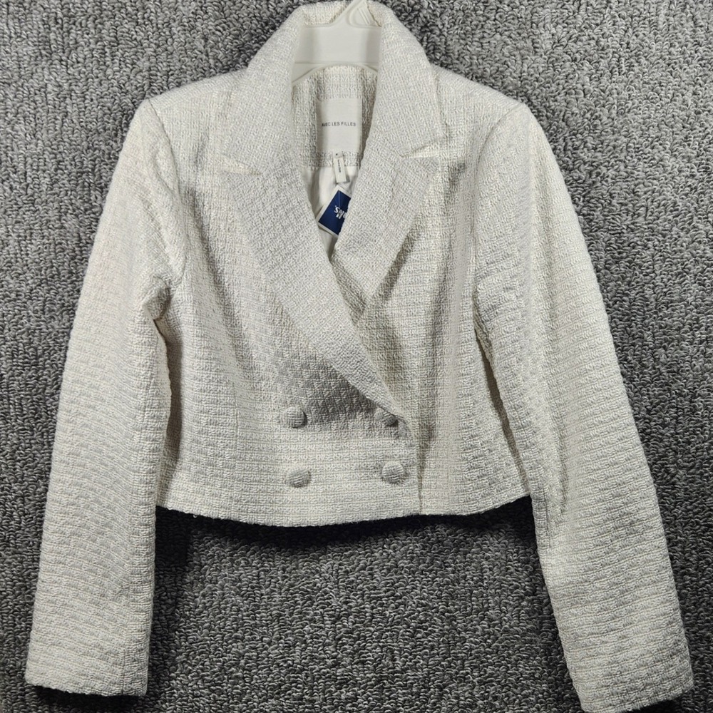 Avec Les Filles Blazer Ivory Tweed Cropped Double Breasted Womens Small